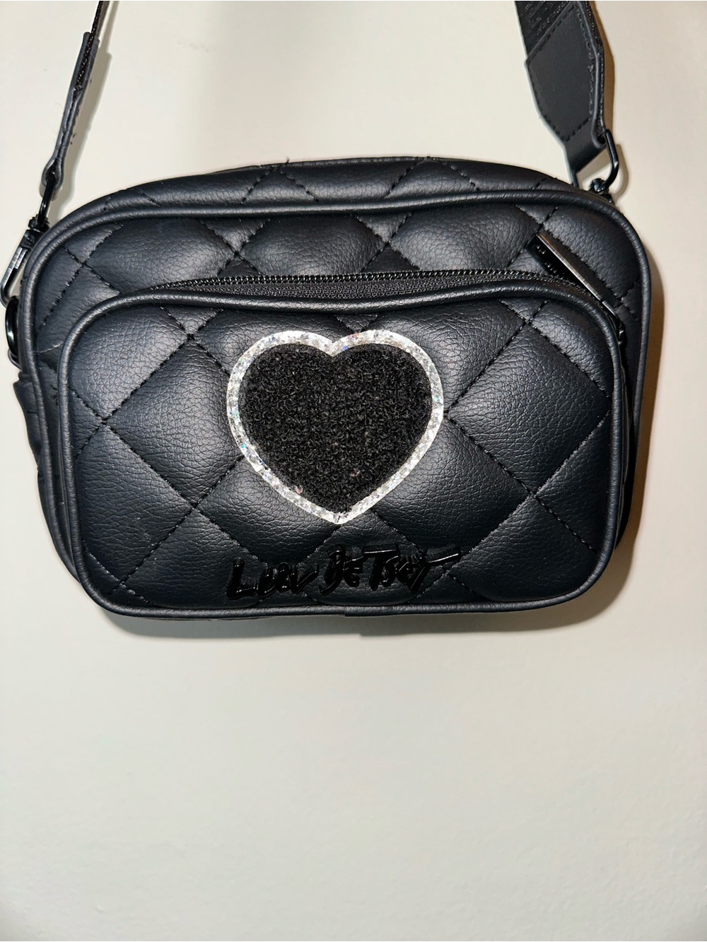 Betsey Johnson Black Quilted Crossbody with Heart Patch